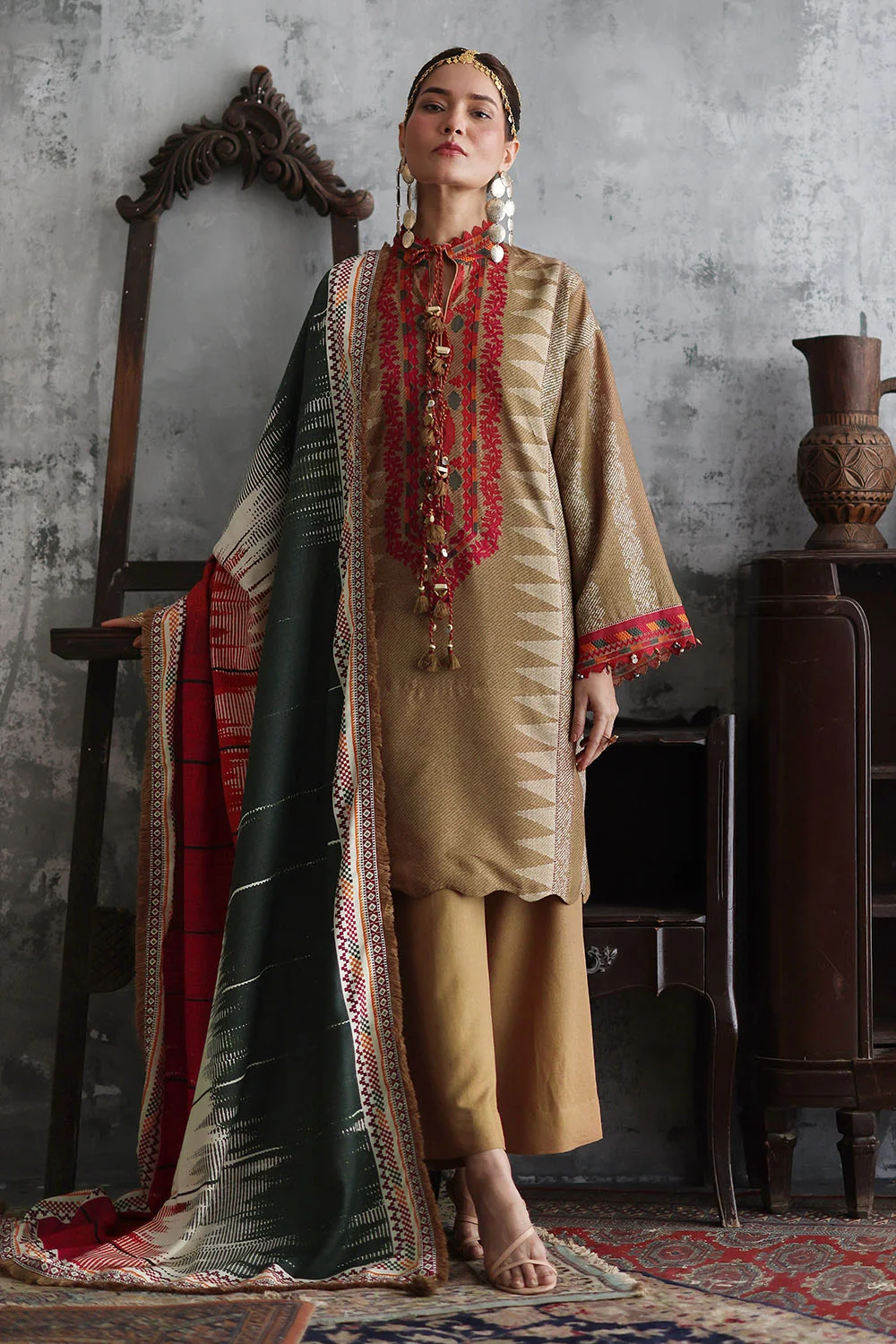 Gul Ahmed 3 Piece Embroidered Printed Karandi Suit with Printed Karandi Dupatta  Hover View