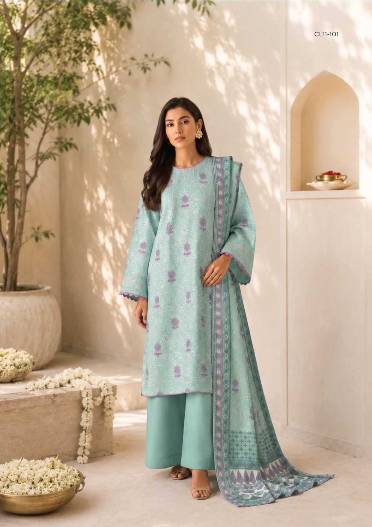 Sapphire 3 PIECE - DIGITAL PRINTED EMBROIDERED LINEN SUIT - 3PBE-WS26CL11-101