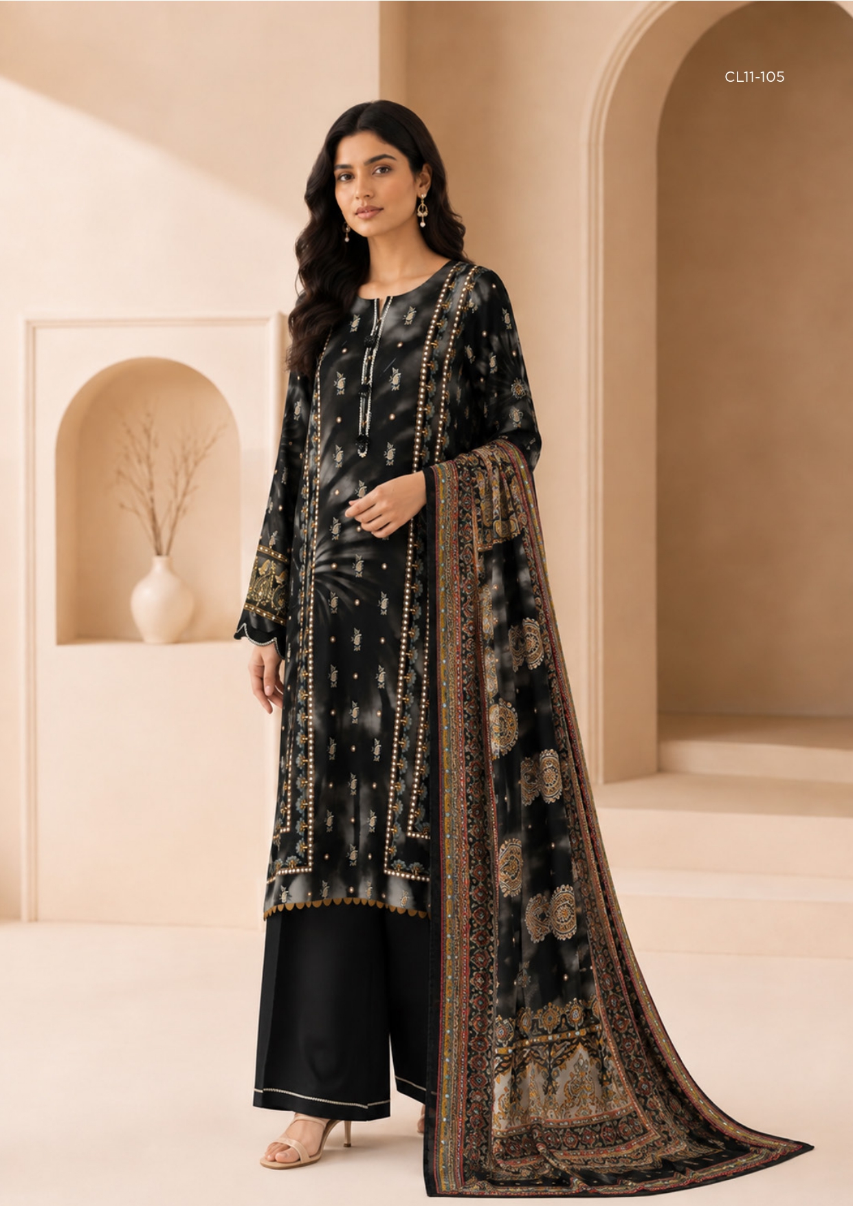 Sapphire 3 PIECE - DIGITAL PRINTED EMBROIDERED LINEN SUIT - 3PBE-WS26CL11-105