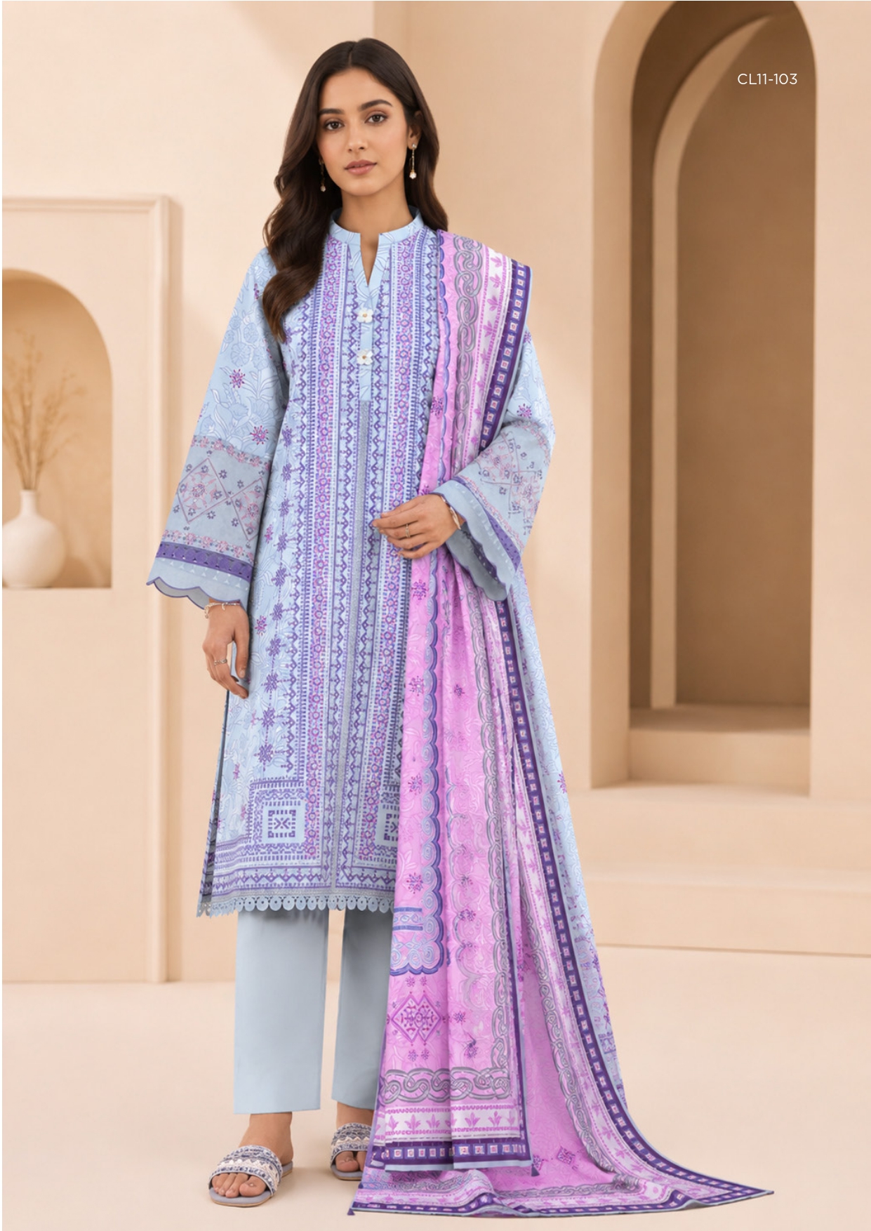 Sapphire 3 PIECE - DIGITAL PRINTED EMBROIDERED LINEN SUIT - 3PBE-WS26CL11-103