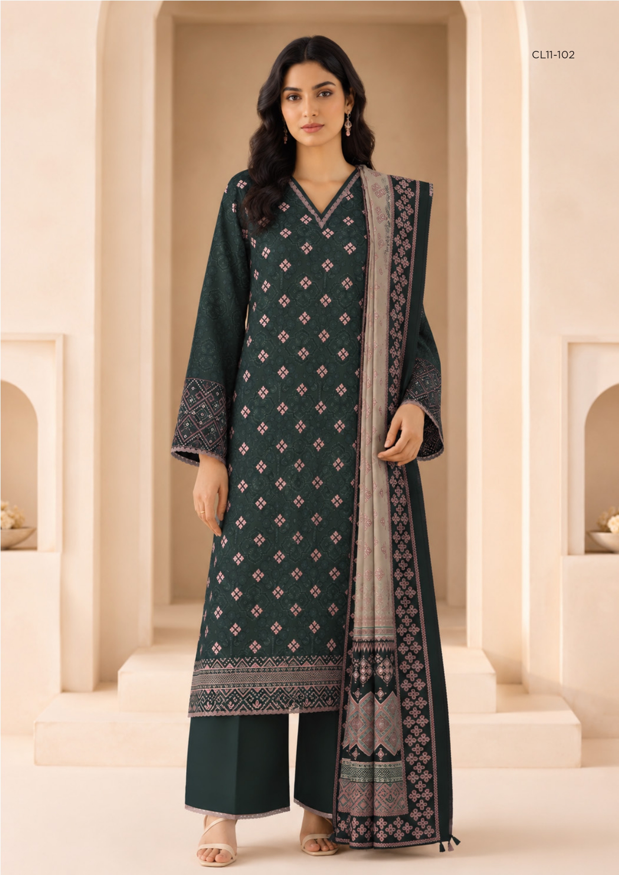 Sapphire 3 PIECE - DIGITAL PRINTED EMBROIDERED LINEN SUIT - 3PBE-WS26CL11-102