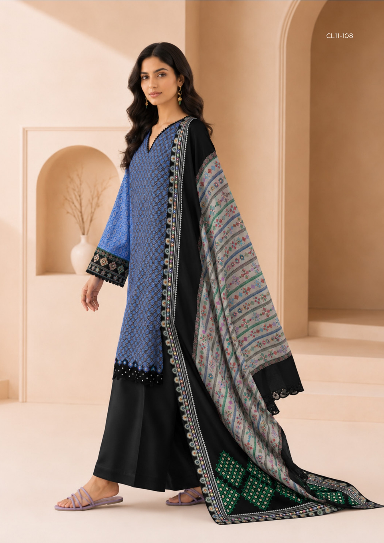 Sapphire 3 PIECE - DIGITAL PRINTED EMBROIDERED LINEN SUIT - 3PBE-WS26CL11-108
